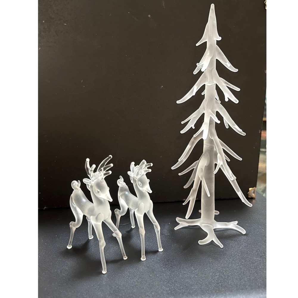 Silvestri Frosted Glass Christmas Tree and Reindeer‎ Set 3 Piece Holiday Decor